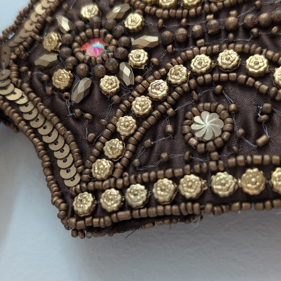 Brown and Gold Embroidered Wristlet with Beaded Ring Handle - Phone Case - Picture 5 of 8